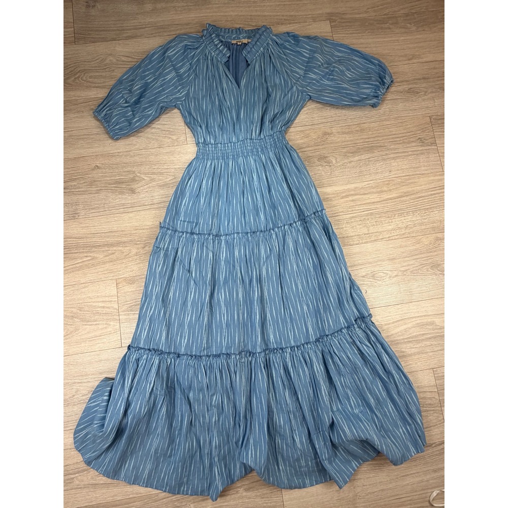 Mahila Blue White Stripe Cotton Smocked Waist Tiered Maxi Dress Small Boho India